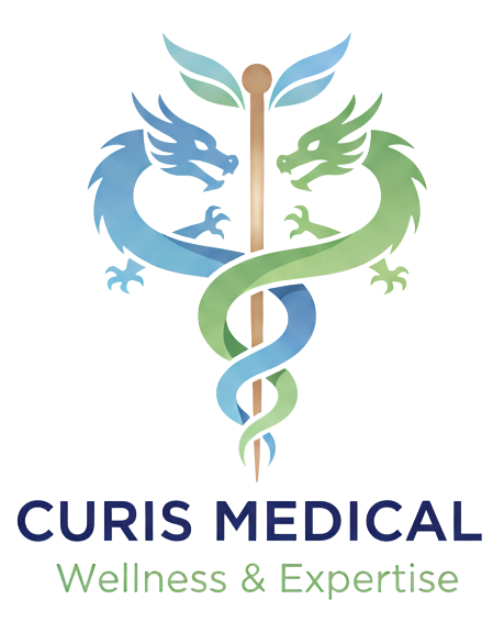 A logo featuring two dragons, one blue and one green, intertwined around a medical staff with wings at the top, like a Rod of Asclepius. The text reads "CURIS MEDICAL" with a tagline "Wellness & Expertise" at the bottom.