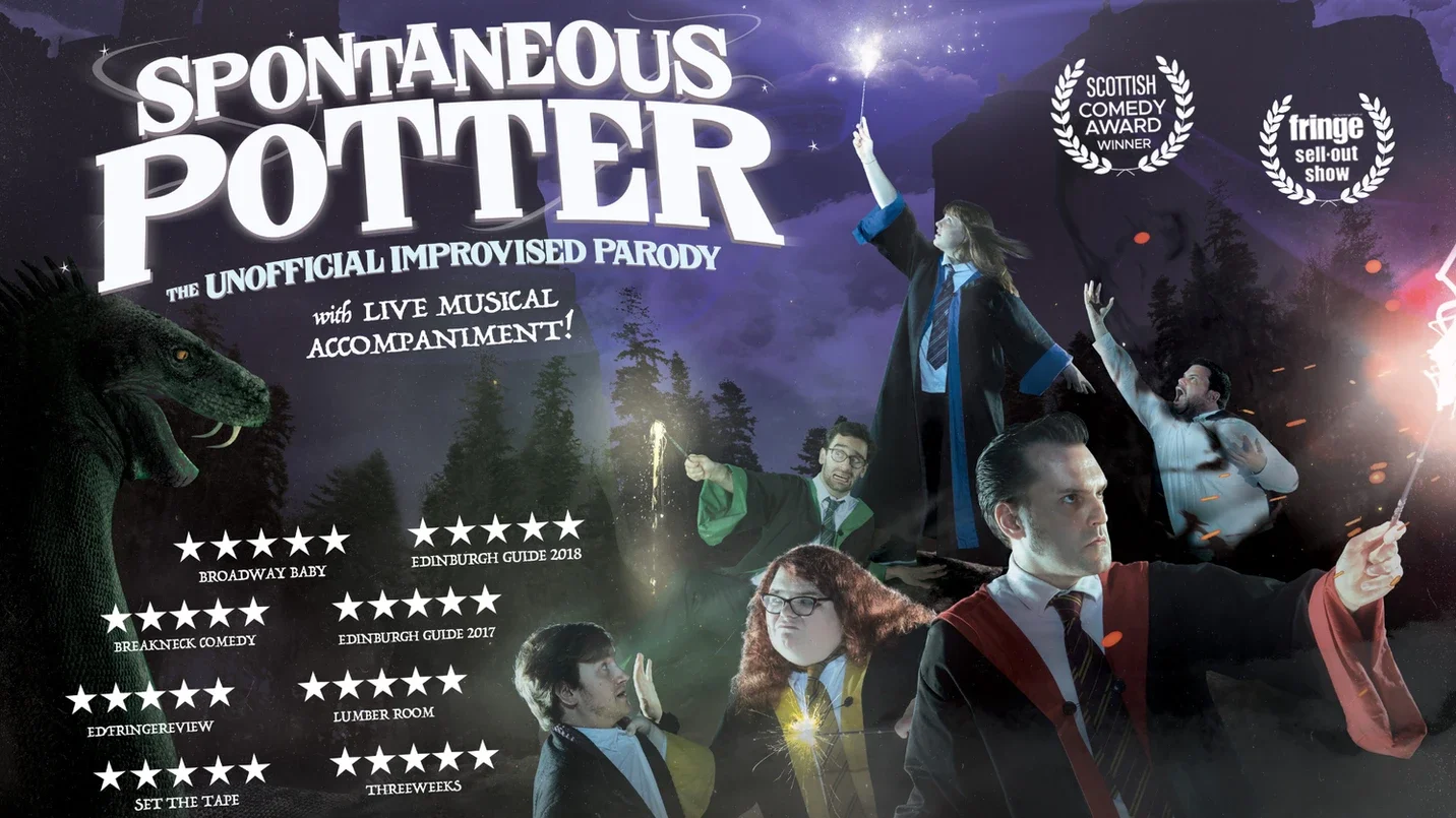 Promotional poster for a comedy parody called 'Spontaneous Potter' featuring characters dressed as students and teachers from Harry Potter wielding wands, with a background of a forest and night sky, and award and show logos.
