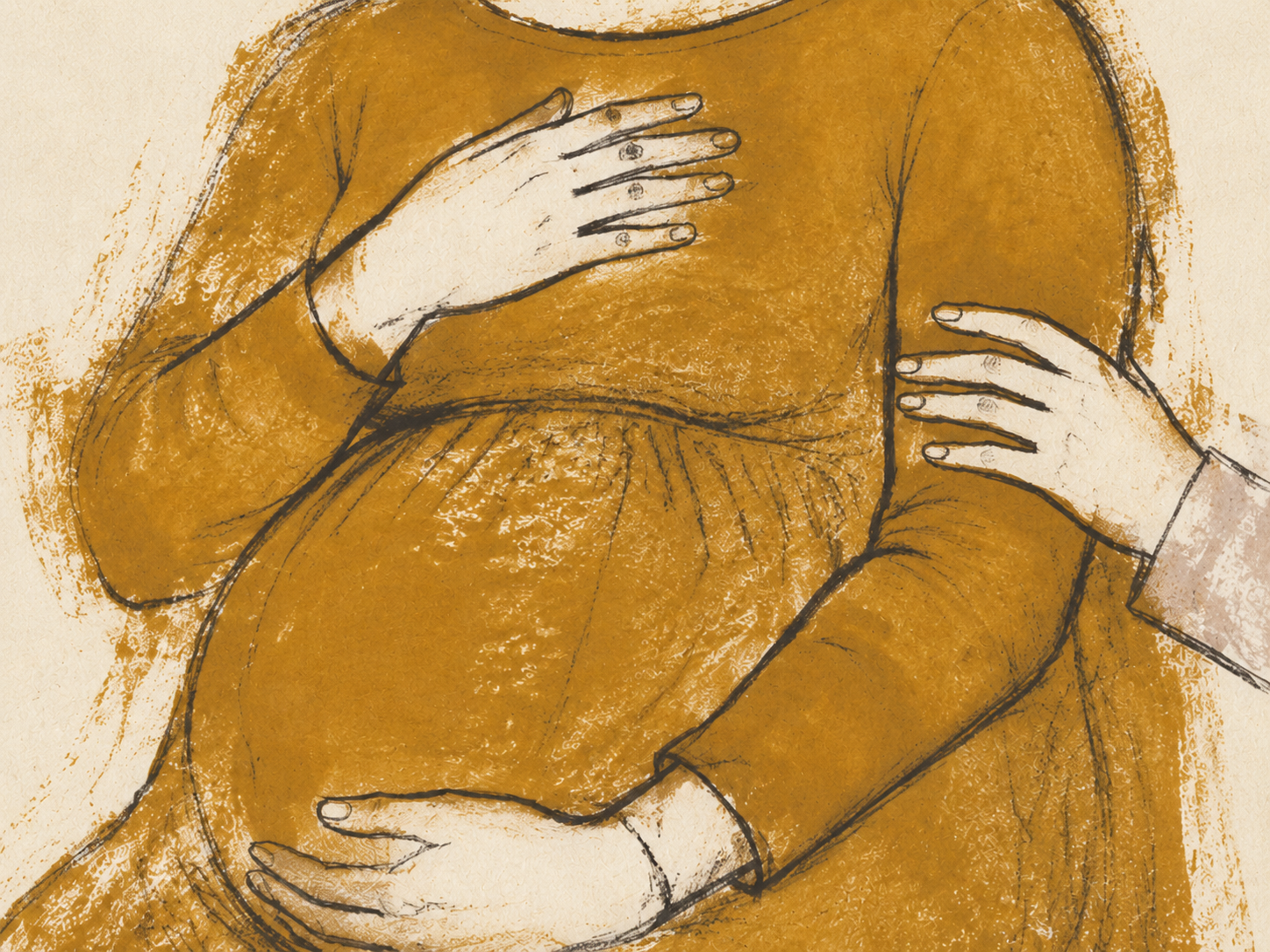 Zeichnung einer schwangeren Frau, die die Hand auf die Brust legt, während eine andere Hand den Bauch hält.