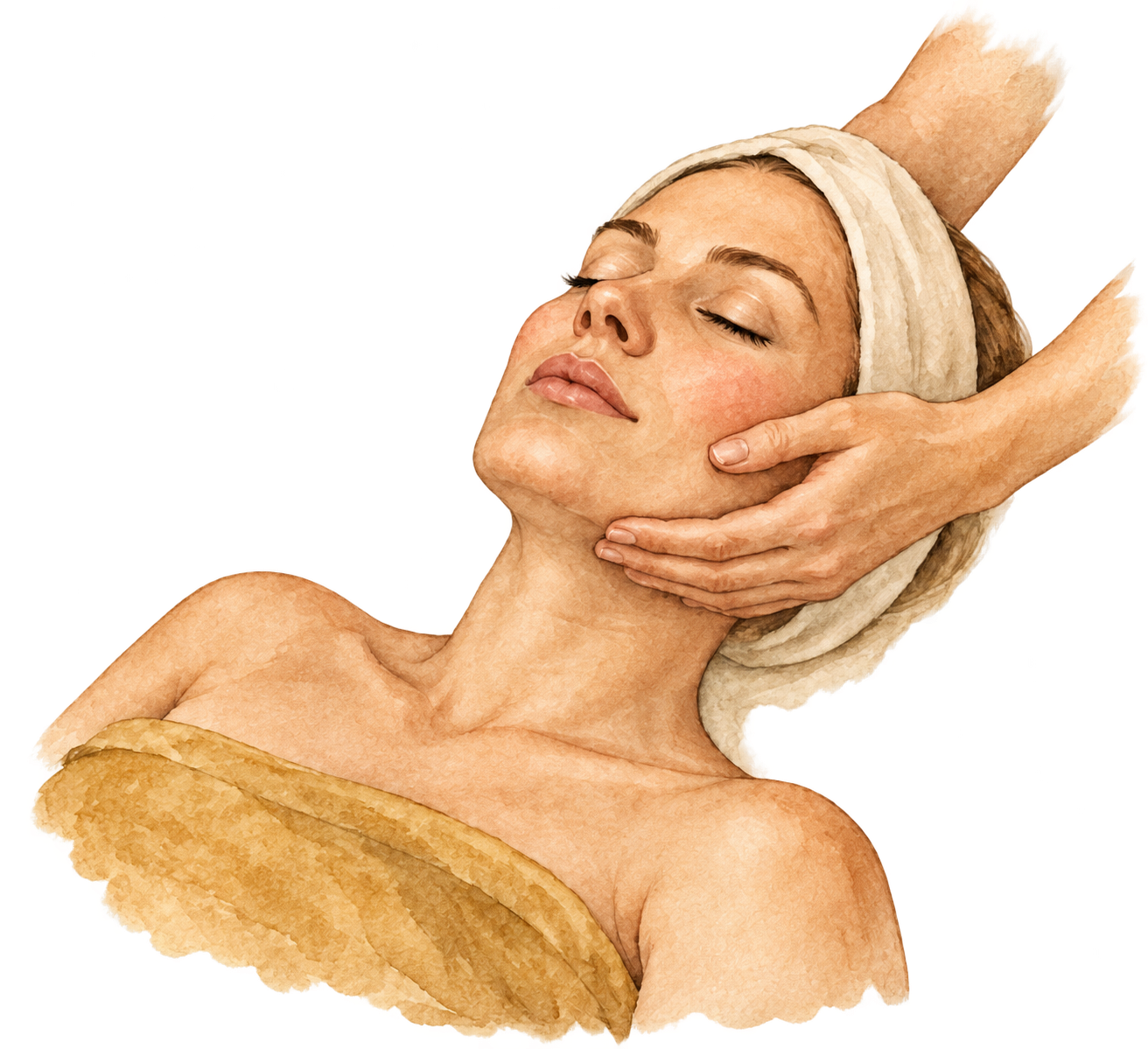 Frau erhält eine Gesichtsmassage in einem Spa, trägt ein Handtuch um den Kopf und ist entspannt.