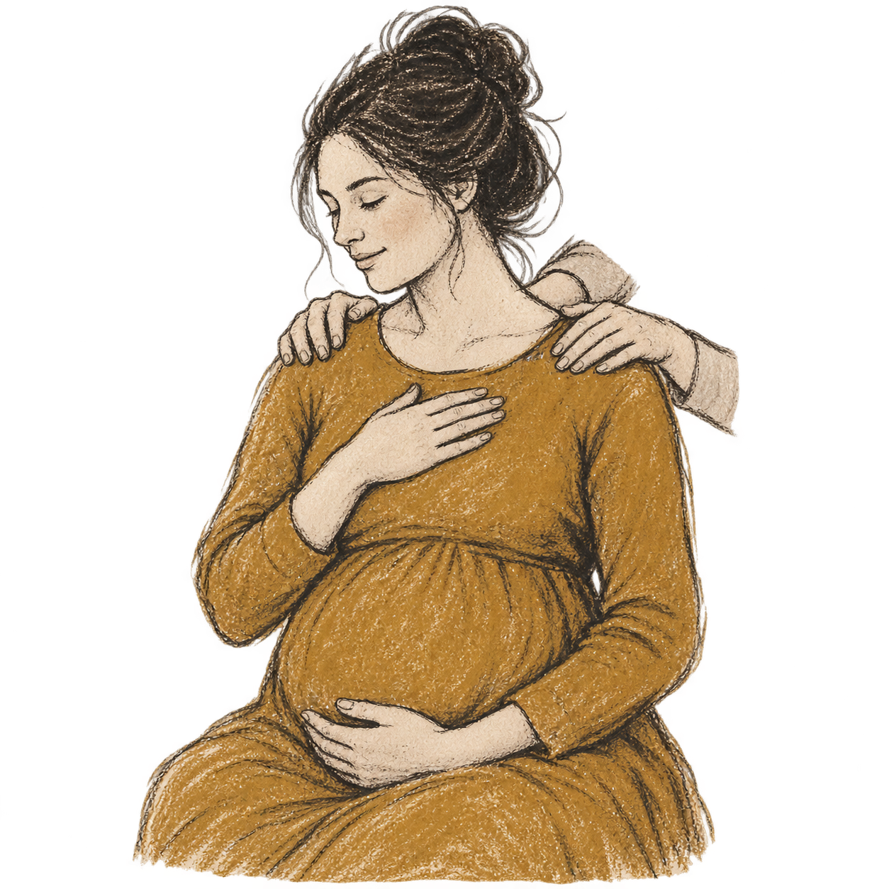 Eine schwangere Frau, die ruhig ist und ihre Hand auf den Bauch legt, während sie von einer Figur gehalten wird, die ihr Schulter berührt.
