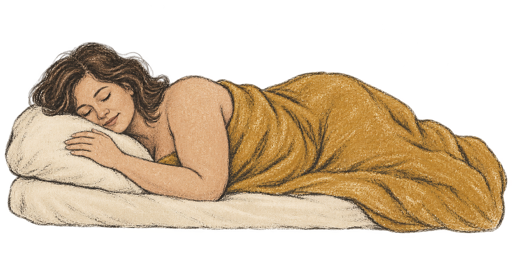 Illustration einer schläfrigen Frau mit braunen, lockigen Haaren, die auf einem weichen Kissen liegt und tief schläft, eingewickelt in eine goldene Decke.