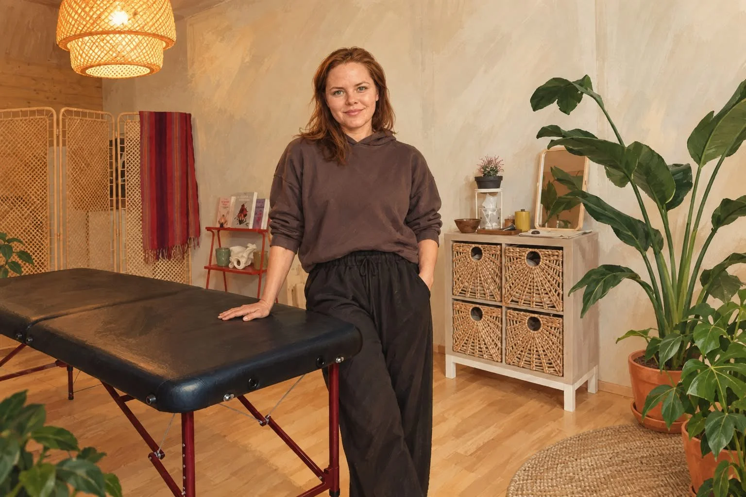 Eine junge Frau lehnt an einem schwarzen Massage- oder Behandlungstisch in einem gemütlichen Raum mit Holzboden und hölzernen und geflochtenen Möbeln. Im Hintergrund sind Pflanzen, eine kleine rote Regal mit Büchern, eine weiße Kommode mit Körben und Deko-Elementen sowie ein runder Teppich zu sehen.