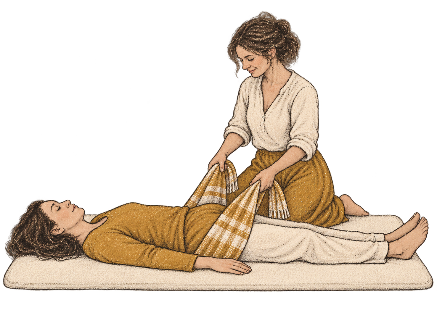 Eine Illustration einer Frau, die auf einer Liege liegt, während eine andere Frau sie am Becken mit einem Rebozo Tuch massiert.