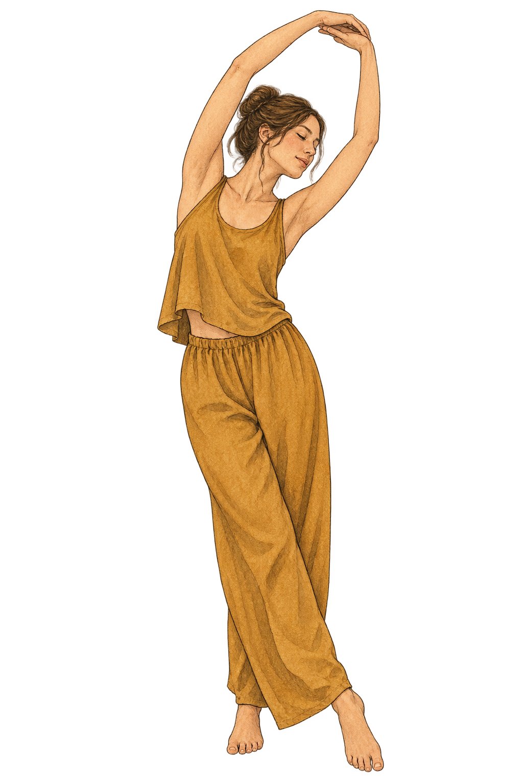 Illustration einer Frau in Lockeren, rostfarbenen Sportbekleidung macht einen Tanz- oder Yoga-Posen mit erhobenen Armen vor einem dunklen Hintergrund.