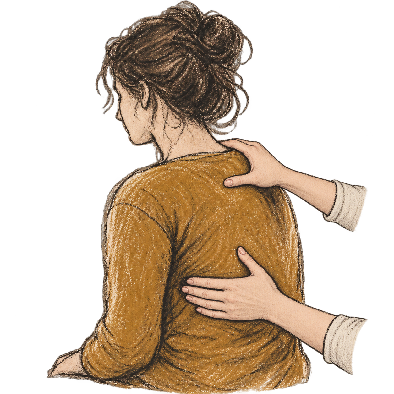 Illustration eines jungen Mädchens, das eine Verspannung im Nacken und Rücken hat, gehalten von zwei Händen, die sie untersuchen oder massieren.