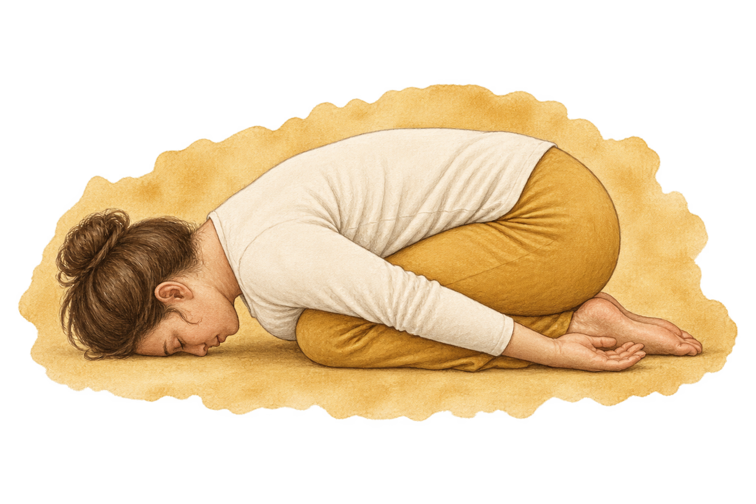Illustration von Frau in der Kindhaltung auf einem goldgelben Teppich, mit weißen Langarmshirt und goldgelben Hosen, kniend und den Kopf auf den Boden gesenkt.