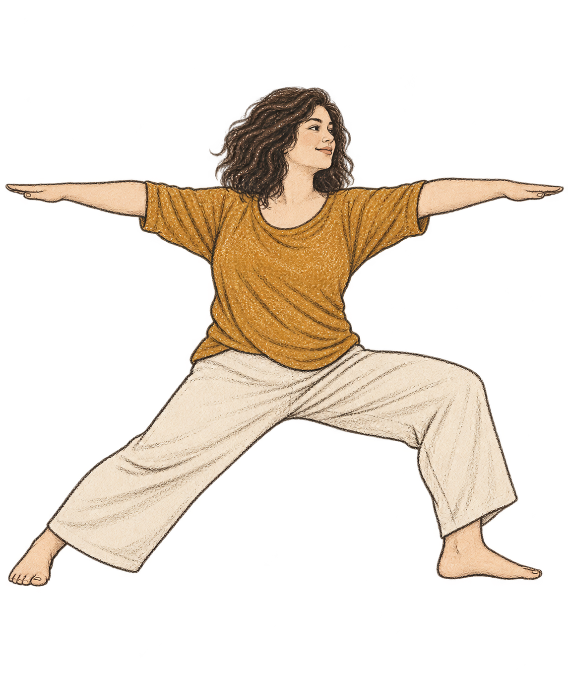 Illustration von Frau in lockerer Kleidung macht eine Yoga-Position mit gestreckten Armen und Beinen