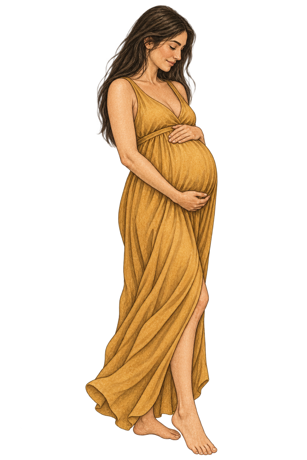Zeichnung einer schwangeren Frau in einem goldgelben Kleid, die ihre Hände auf den Bauch hält, vor dunklem Hintergrund.