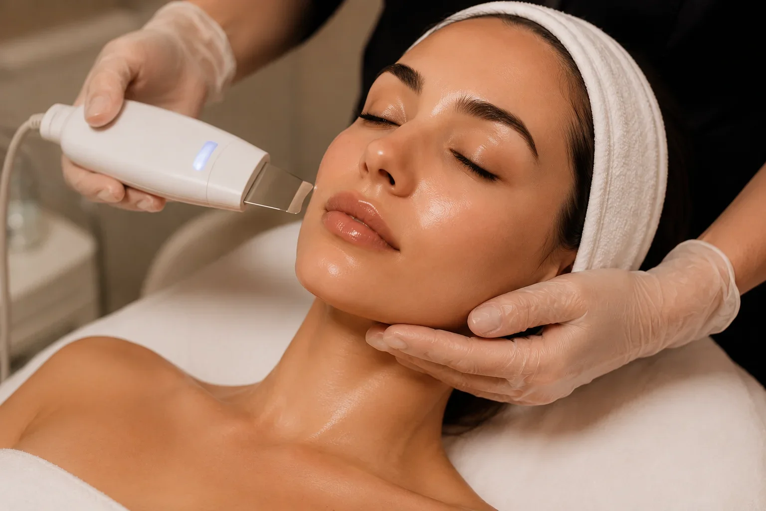 A woman receives a facial treatment using a handheld skin care device in a spa or clinic setting.