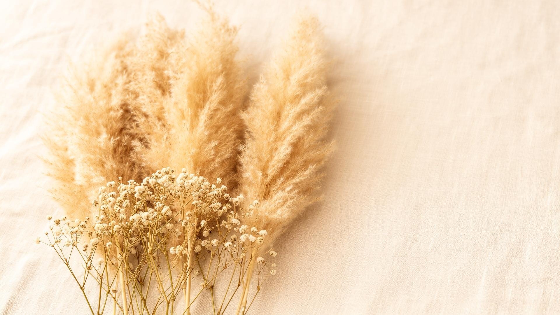 A bouquet of dried pampas grass and small white flowers arranged on a light-colored surface.