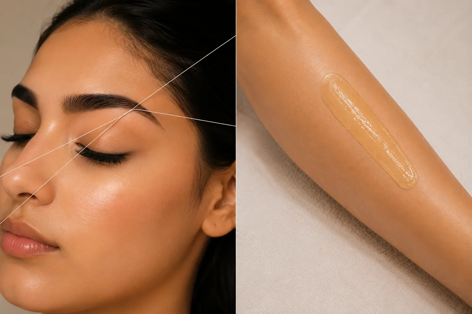 A woman's face with closed eyes and well-groomed eyebrows on the left side, and a close-up of a forearm with a strip of cosmetic or skincare product on the right side.