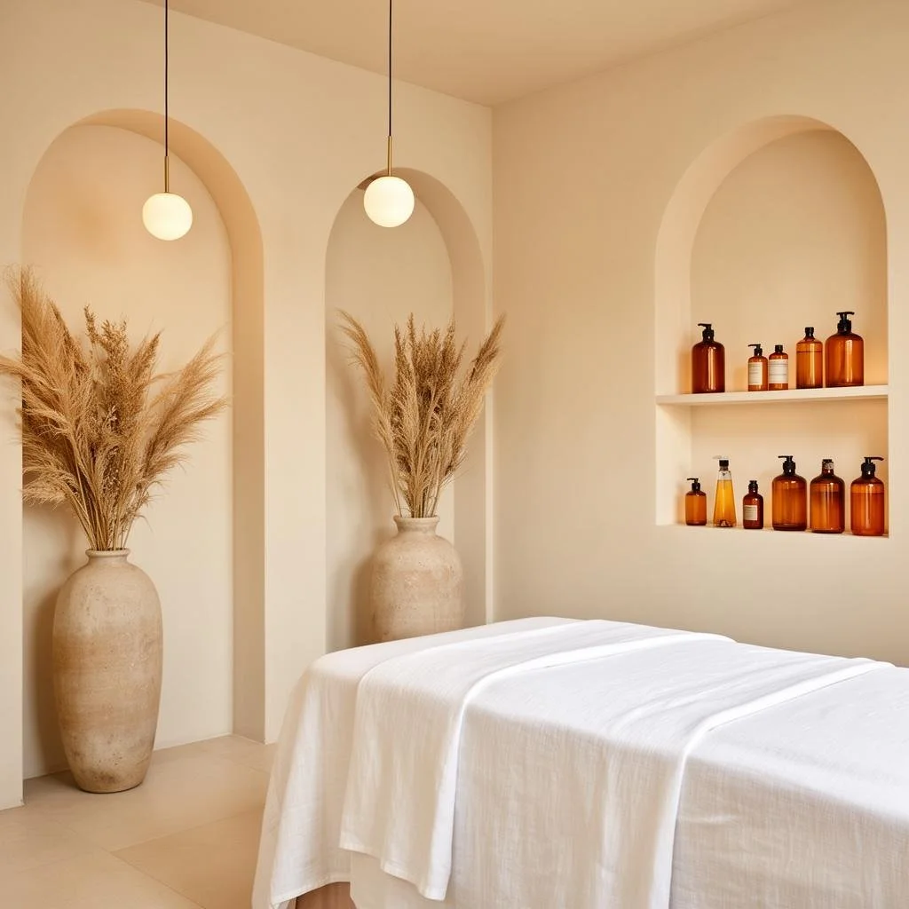A minimalist bedroom with a bed covered in white linen, two large beige vases with pampas grass, warm lighting from two globe pendant lights, and shelves with amber bottles.