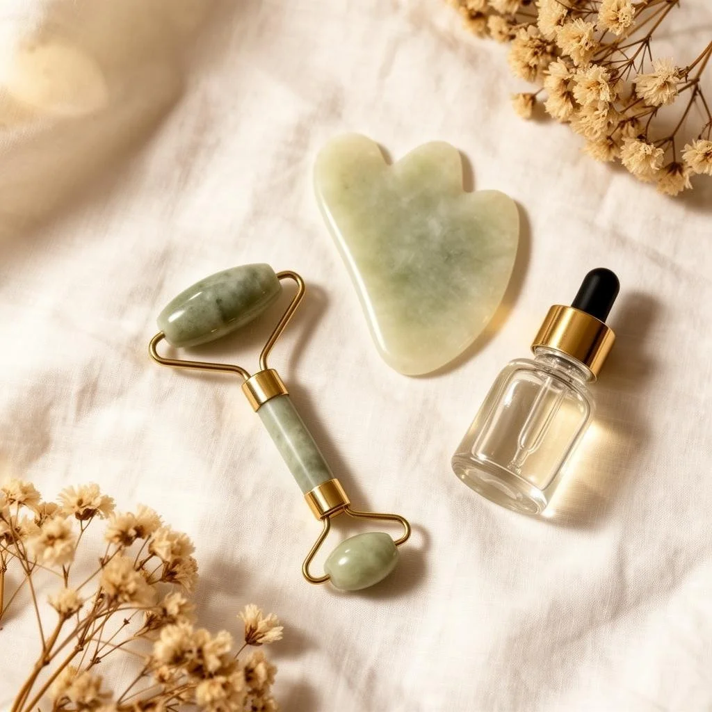 A jade facial roller, a jade gua sha tool, a small glass bottle with a dropper, and dried flowers placed on a light-colored fabric surface.