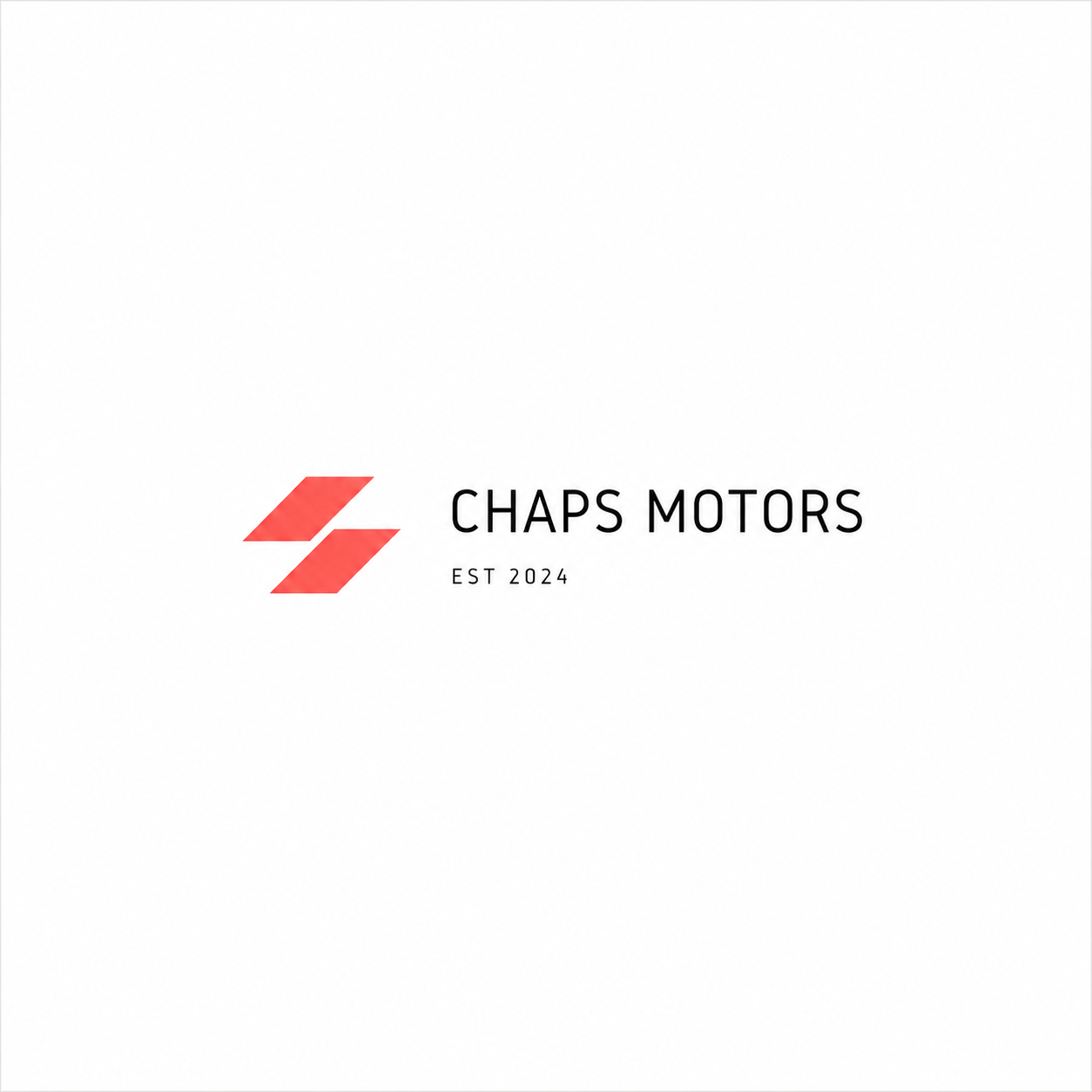 Logo for Chaps Motors featuring two red geometric shapes, the text "Chaps Motors," "EST 2024," on a white background.