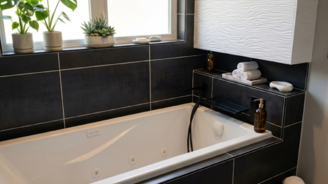 White alcove soaking tub surrounded by dark gray textured wall tiles and window ledge potted plants.