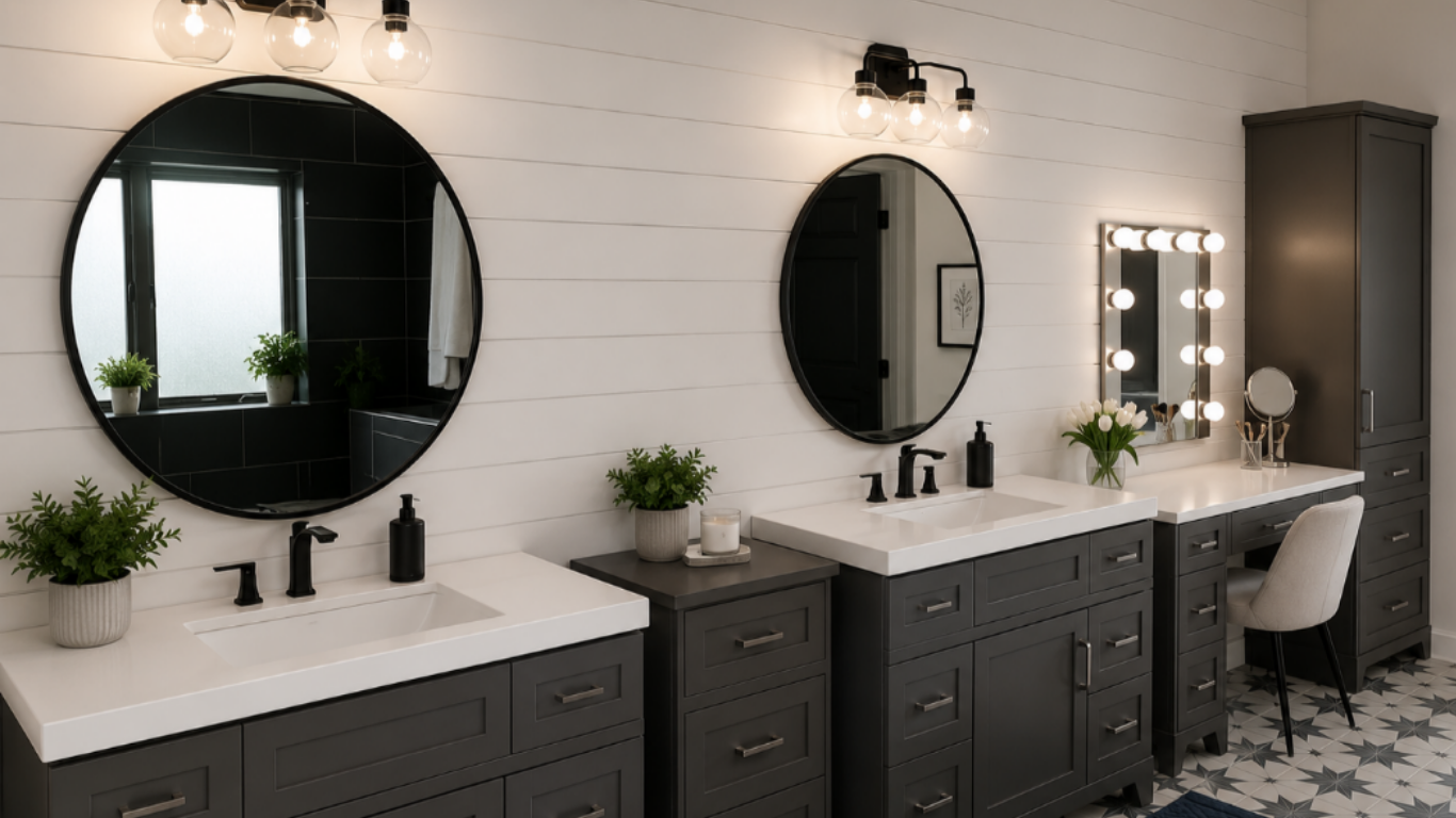Custom primary bathroom double vanity with dark gray shaker cabinets, quartz countertops, round black mirrors, matte black faucets, shiplap accent wall, and dedicated makeup station in Marengo, Ohio.