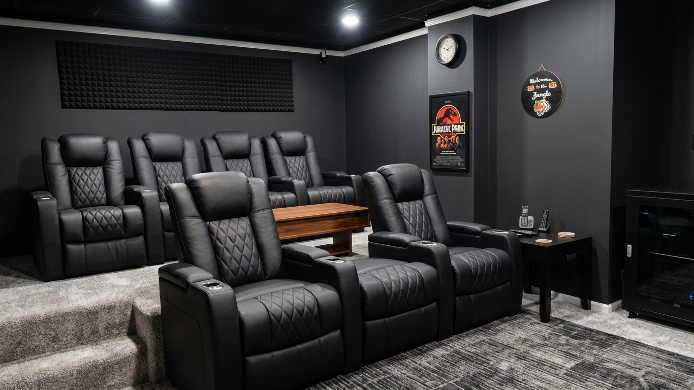 Custom home theater basement remodel in Sunbury featuring tiered stadium seating, dark grey walls, and premium black leather recliners. A framed movie poster sits under a wall clock on a modern grey geometric area rug.