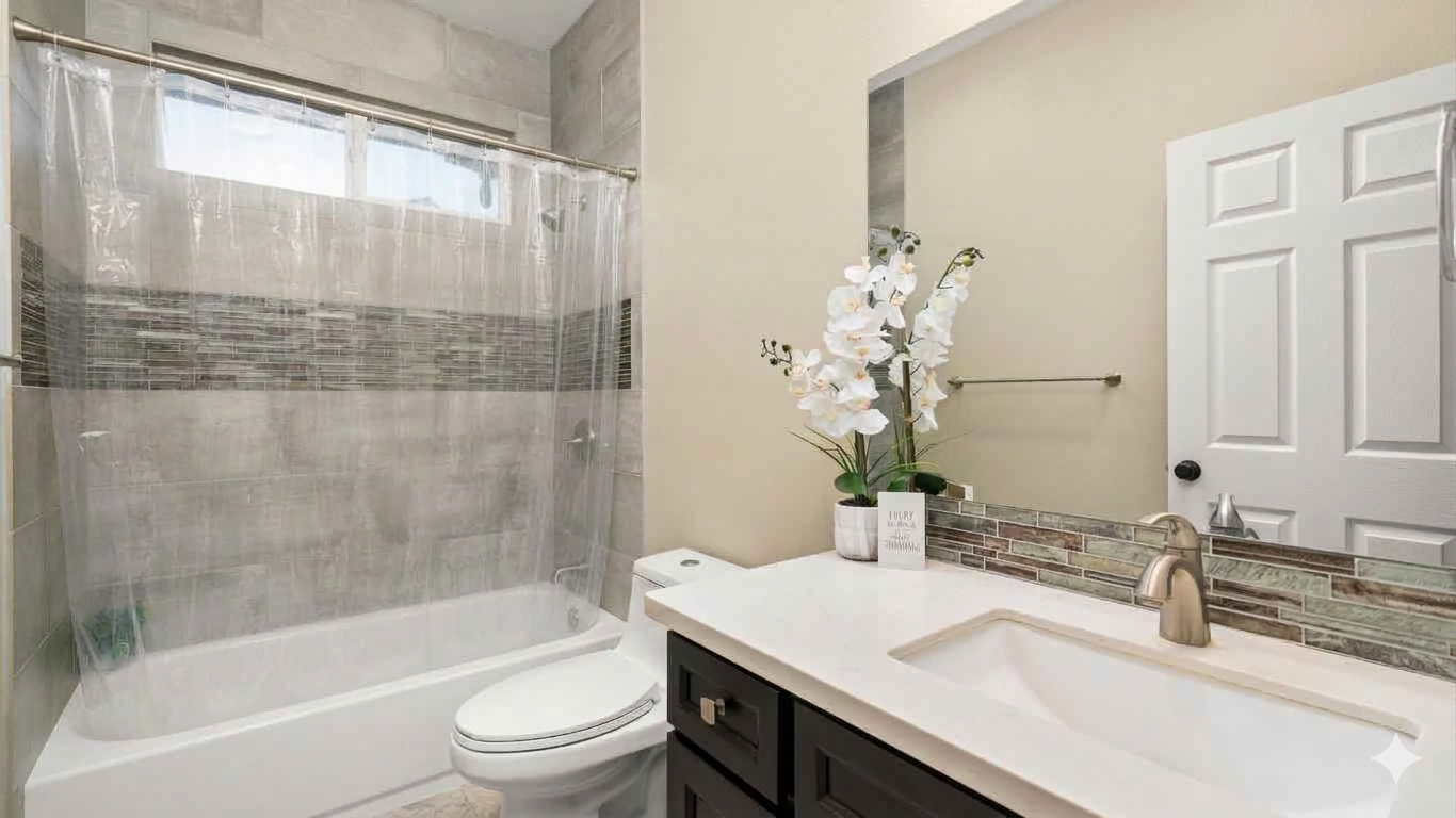 A bathroom featuring a white bathtub with a clear plastic shower curtain hanging from a silver rod, grey tiled walls with a mosaic stone accent strip, a white toilet, and a dark wood vanity with a white countertop.