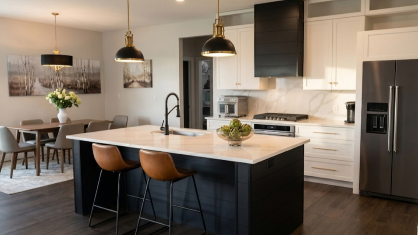 Modern kitchen with white cabinets, black and gold pendant lights, a white island with a black base, brown bar stools, stainless steel refrigerator, and a dining area with a table and chairs.