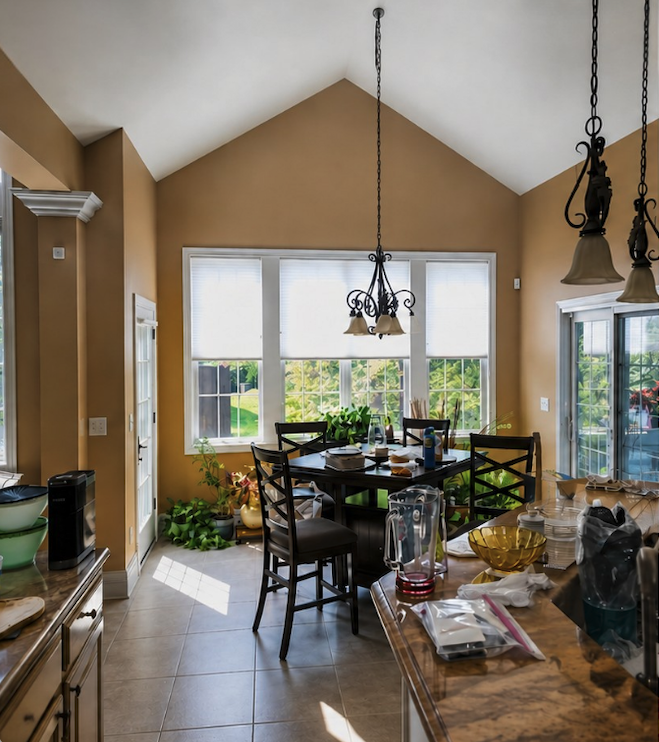 Dining area with a round table surrounded by chairs, a chandelier hanging above, large windows behind with greenery outside, and a kitchen island with dishes and items on it.