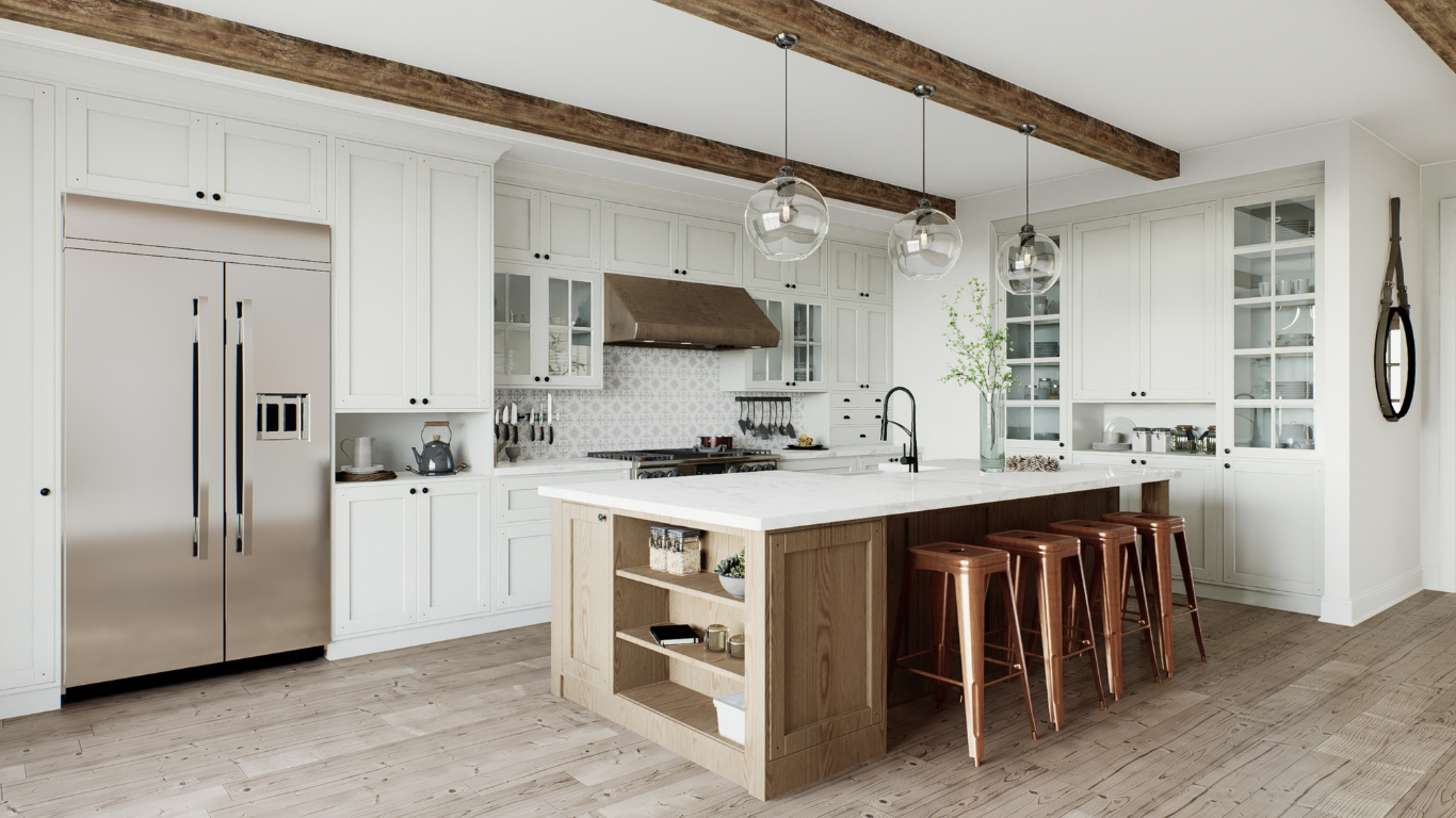 Rustic modern kitchen with exposed ceiling beams, clear glass globe pendants, and copper barstools.