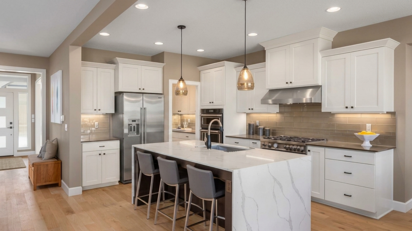 Completed modern white kitchen remodel featuring a stainless steel french door refrigerator, waterfall quartz island with bar stools, and white shaker cabinets.