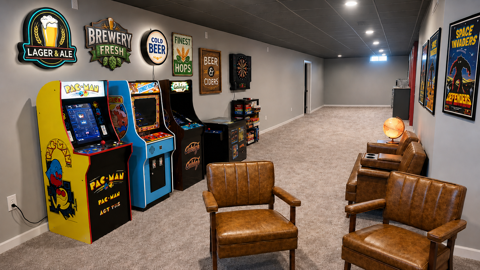 Game room with vintage arcade machines, seating area with leather chairs, framed posters on the wall, and illuminated signs related to beer.