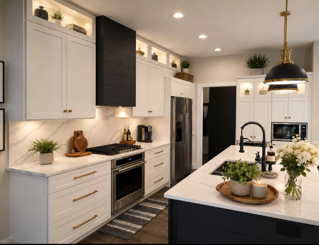 Bright modern kitchen with white shaker cabinets and a custom black shiplap range hood over a gas stove. White marble-style quartz countertops and matching backsplash run along the wall next to a stainless steel refrigerator.