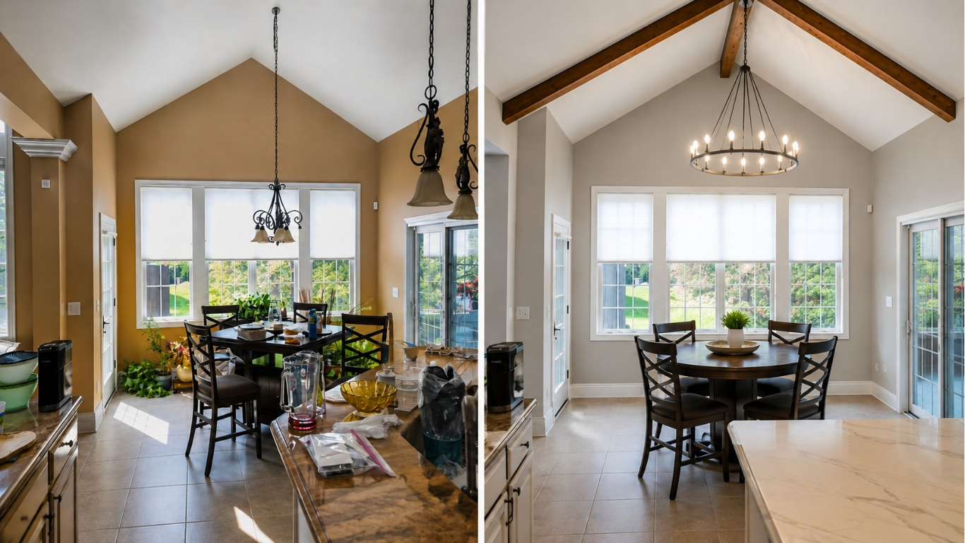 Wide-angle view of a completed modern traditional kitchen remodel in Genoa, Ohio, showcasing vaulted ceilings and wood beams.