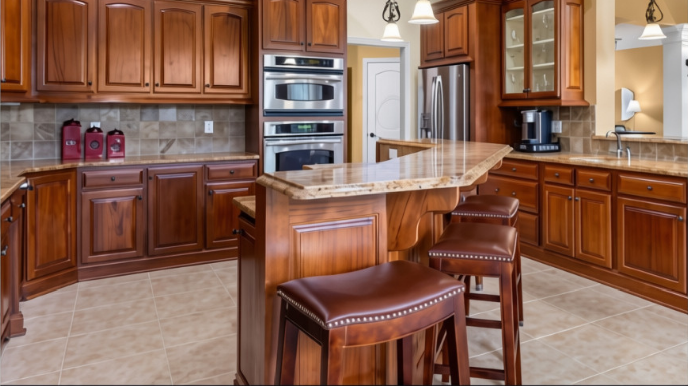 Kitchen with wooden cabinets, granite countertops, stainless steel appliances, and a breakfast bar with three brown leather stools.