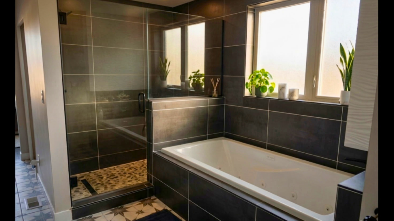 A modern bathroom featuring a white soaking tub and a walk-in glass shower with a river stone floor. The walls have dark gray rectangular tiles, and a window lets in natural light.