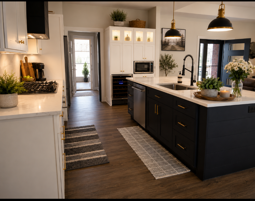 Modern kitchen design featuring white perimeter cabinets and a large black kitchen island with a white quartz countertop. The open space highlights dark wood floors, black pendant lights, and a built-in wine cooler station.