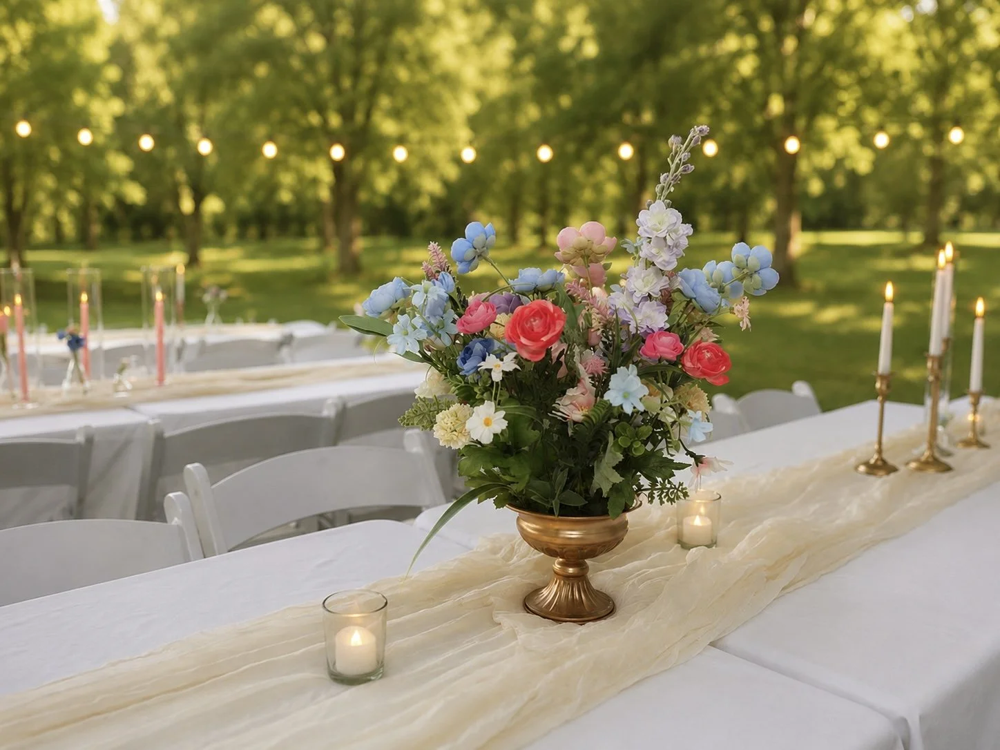 Decorative table setting outdoors with a floral centerpiece, candles, and string lights in a green park, likely for a wedding or celebration.
