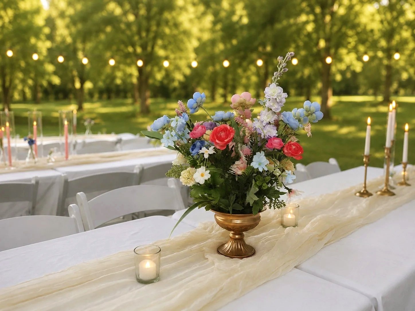 A floral centerpiece with pink, blue, white, and purple flowers on an elegant outdoor event table decorated with candles and a flowing fabric runner, set in a lush green park with string lights.