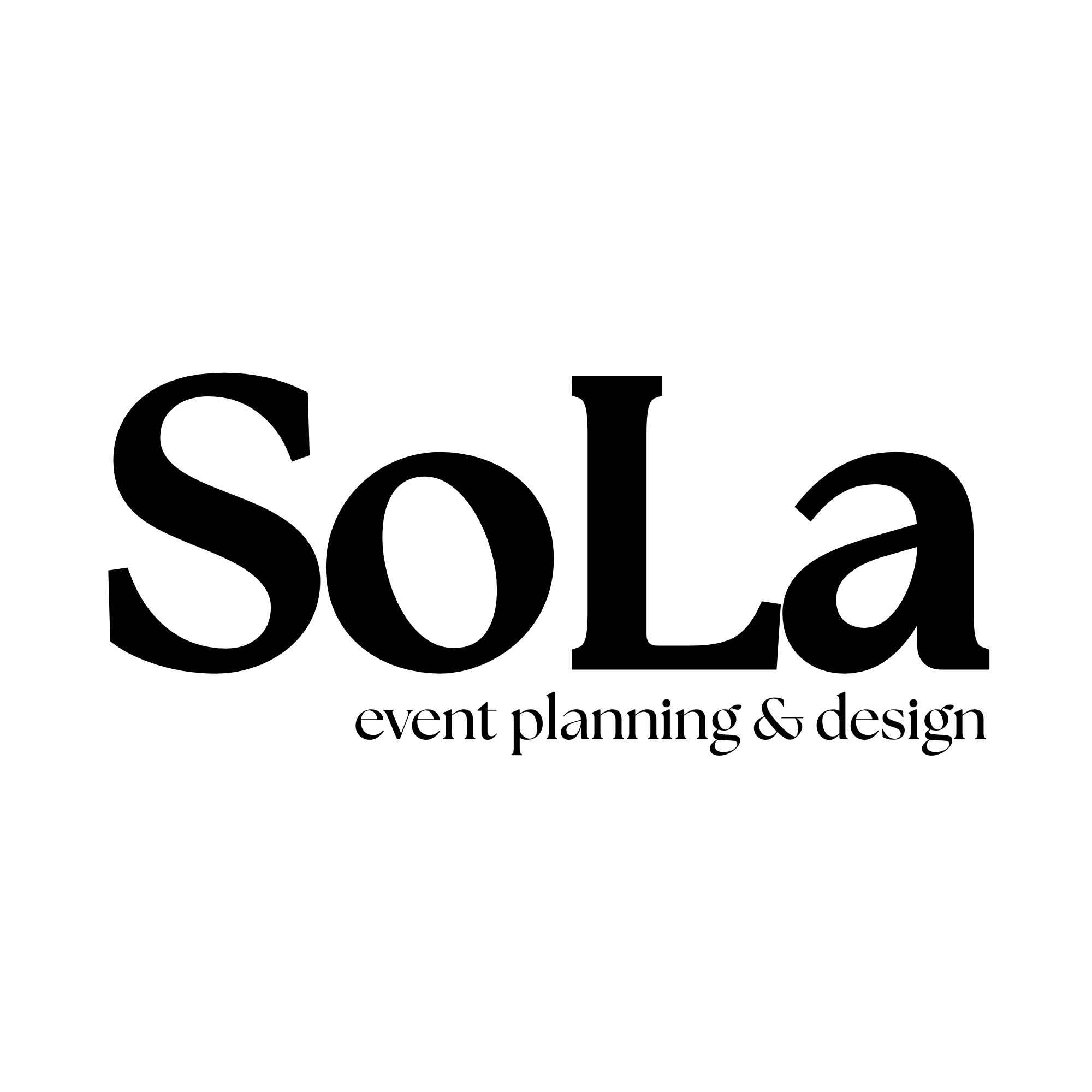 Text-only logo with the word 'SoLa' in bold black letters, and smaller text reading 'event planning & design' underneath.