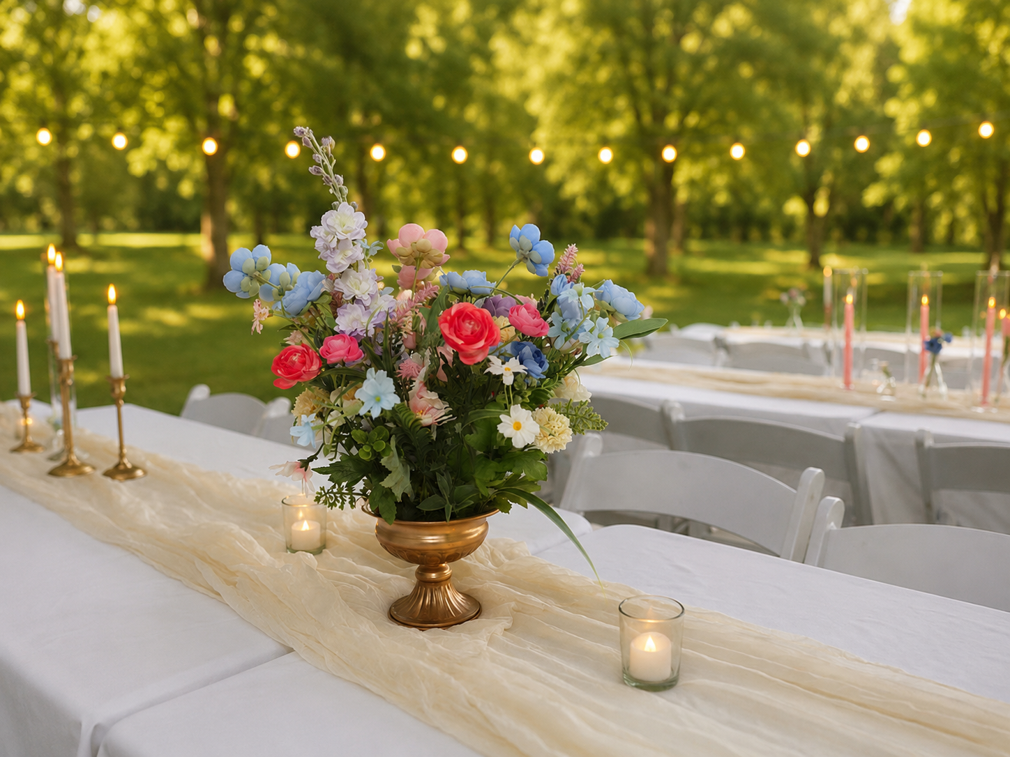 Table decorated with a floral centerpiece, candles, and a cream-colored runner at an outdoor event in a green park.