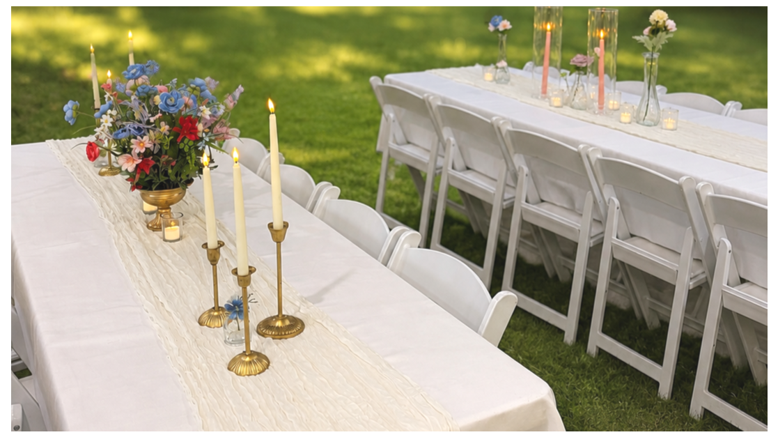 Elegant outdoor dining setup with long tables, white chairs, floral centerpieces, and tall candles on a grassy area.