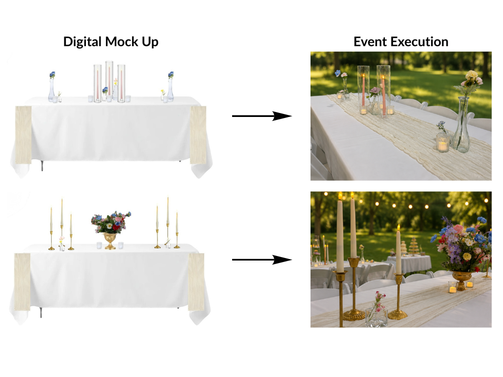 Comparison of table decor mock-up and final event setup with candles and floral arrangements outdoors