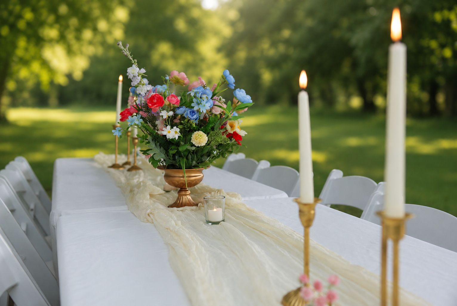 An outdoor table decorated for a celebration with a white tablecloth, a floral centerpiece with pink, blue, white, and red flowers in a copper vase, three white candles in gold candle holders, and a small lit candle in a glass holder. The background shows a lush green outdoor setting with trees.