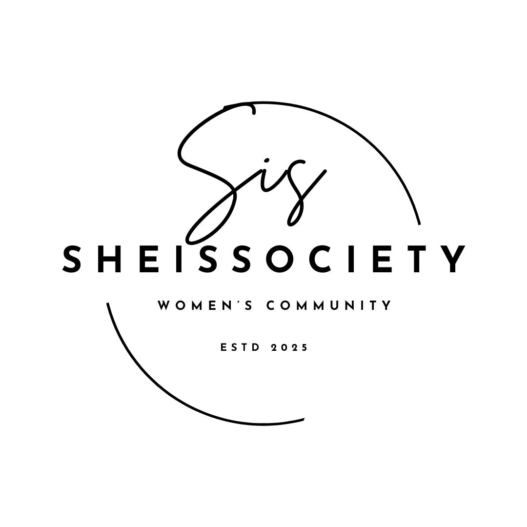 Logo for SIS Sheissociety, a women's community founded in 2025, featuring a minimalist black and white design with the words 'SIS', 'SHEISSOCIETY', 'WOMEN'S COMMUNITY', and 'ESTD 2025'.