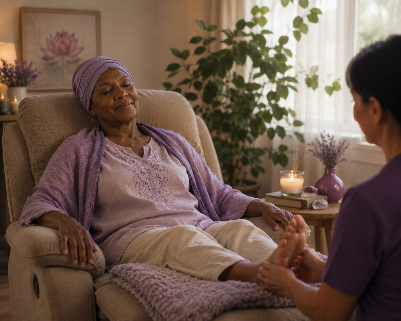 An elderly woman in a purple headscarf and matching clothing relaxing in a beige armchair with her eyes closed, while a caregiver holds her foot. The room has soft lighting, a candle, and decorative plants and flowers.