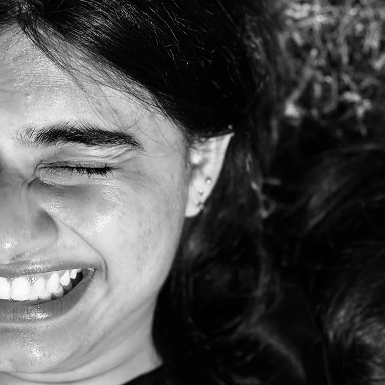 Black and white image of Valerie smiling