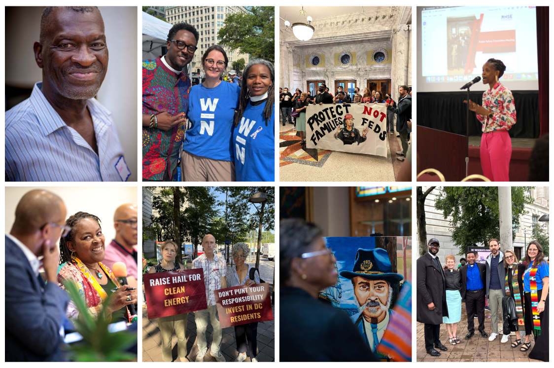 Collage of a variety of people engaging in activism related to WIN's mission. The group is diverse and features eight photos of people on the ground working.