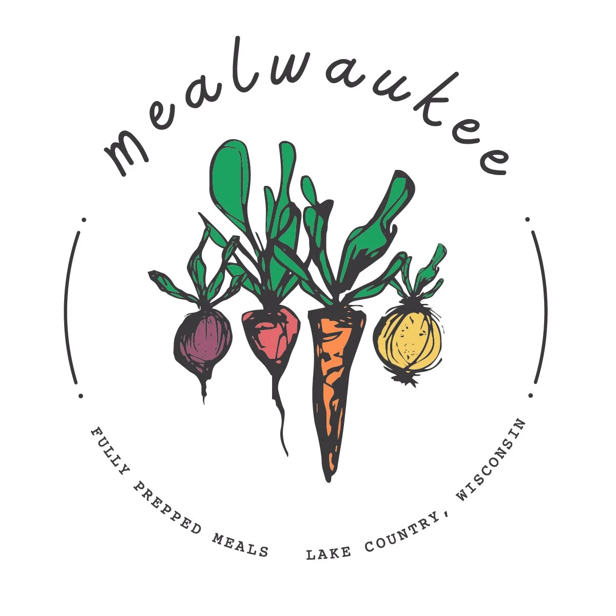 A logo with a plant illustration of radishes, carrots, and onions, with the text 'meawaukee' above and 'FULLY PREPPED MEALS LAKE COUNTRY, WISCONSIN' below.