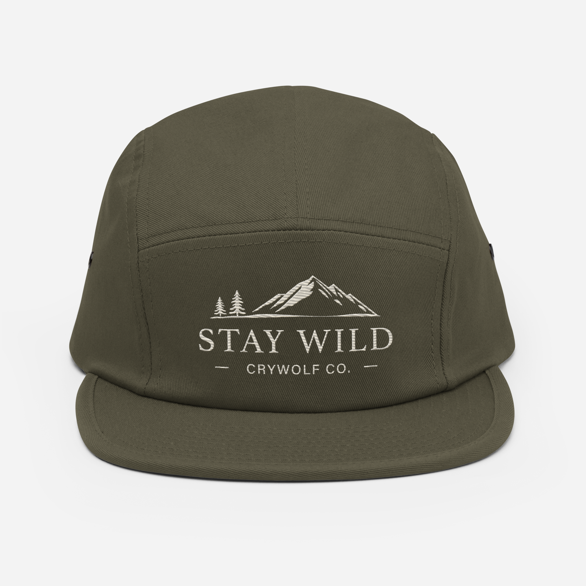 Forest green embroidered 5-panel hat with Stay Wild mountain design by Crywolf Co