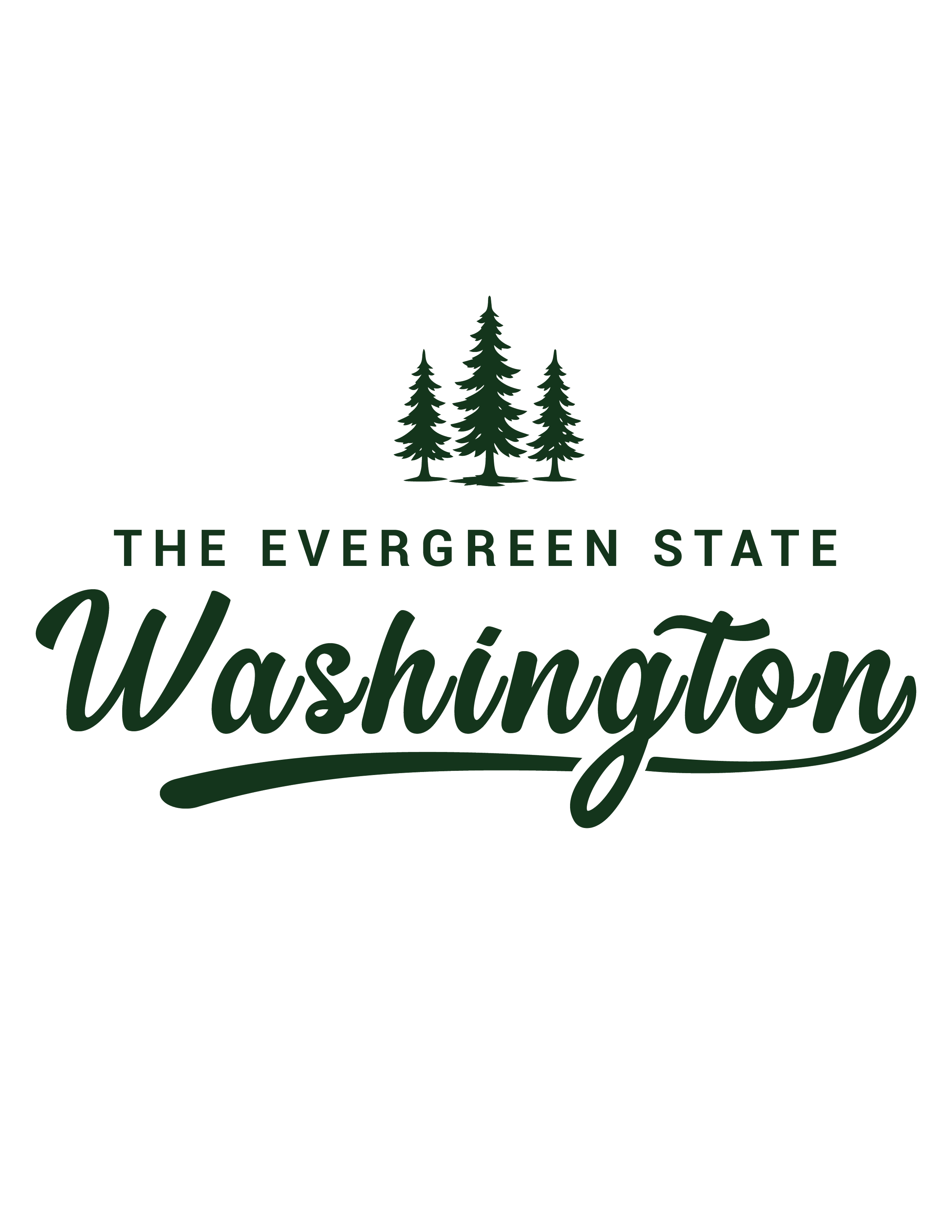 Minimal Washington sticker featuring evergreen trees and The Evergreen State typography in forest green.