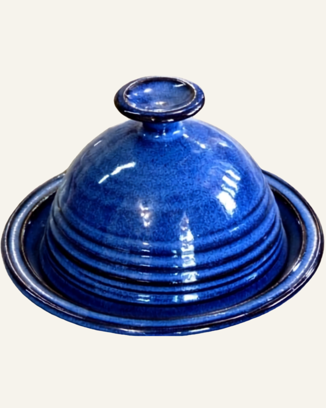 blue handmade round pottery butter dish with domed lid and round handle