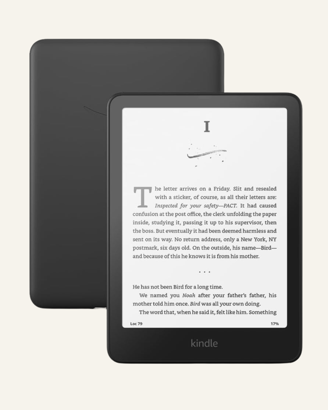 black kindle paper white showing the front and back. front has a book open and the text Kindle across the bottom