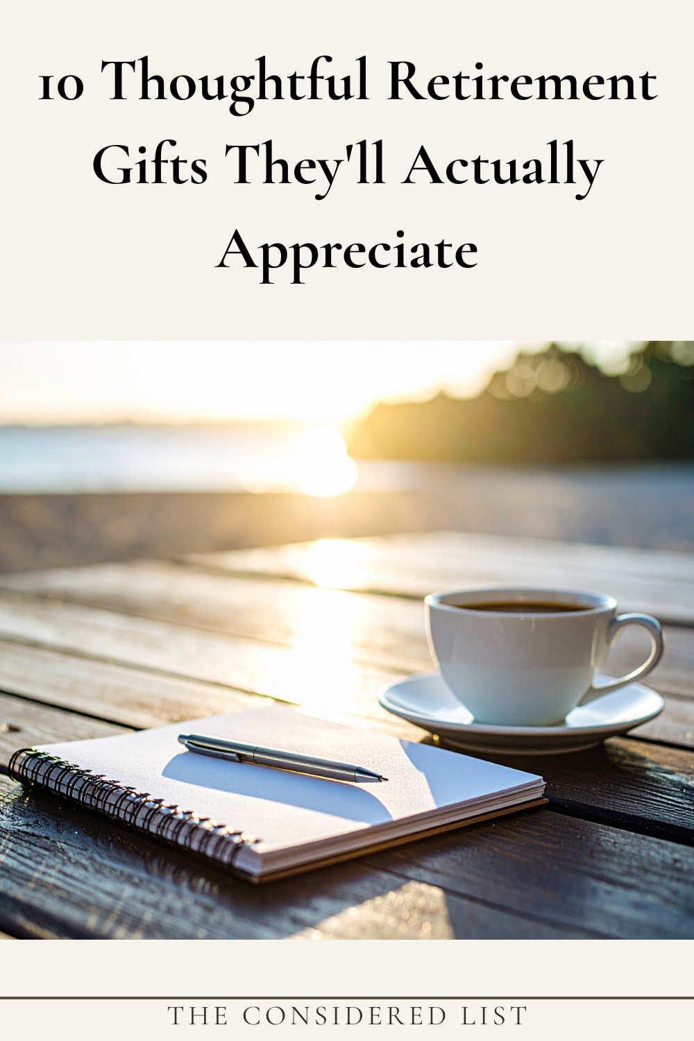 Pinterest Pin with image of notebook, pen and cup of coffee on a table with the sunrising